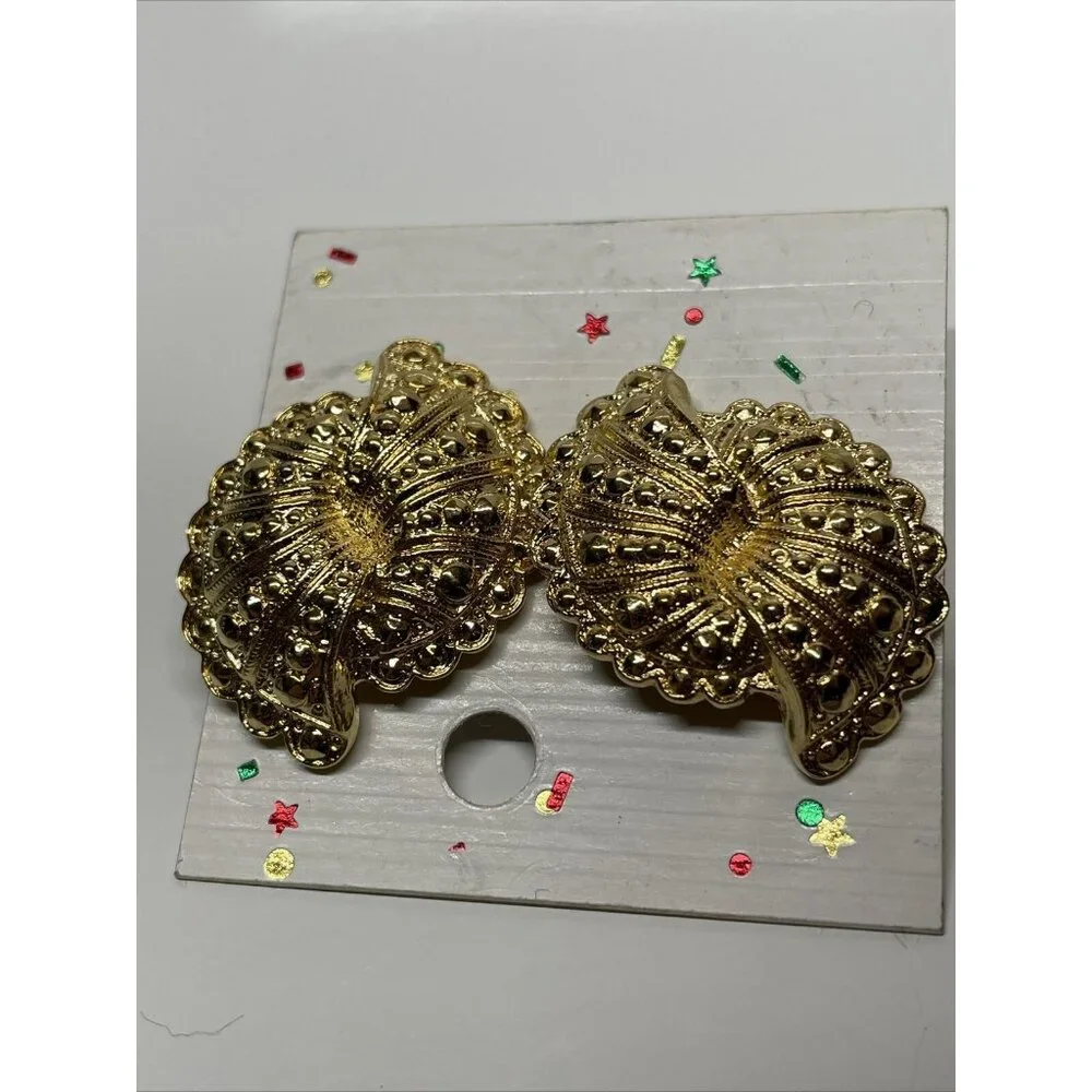 NOS Avon 1988 Fanfare Faux Marcasite Double Fan‎ Look Gold Tone Pierced Earrings